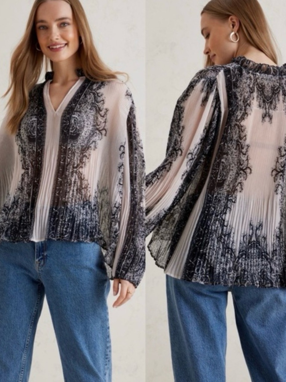 Anthropologie Forever That Girl Black and Cream Long Sleeve Blouse